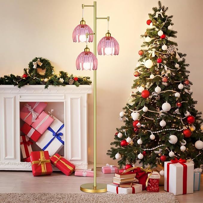 Gold Floor Lamp for Living Room Bedroom,3 Lights Vintage Tree Floor Lamps with Pink Glass Flower Shade,Mid Century Modern Floor Lamp for Corner Office,68IN Unique Tall Standing Lamp with Bulb