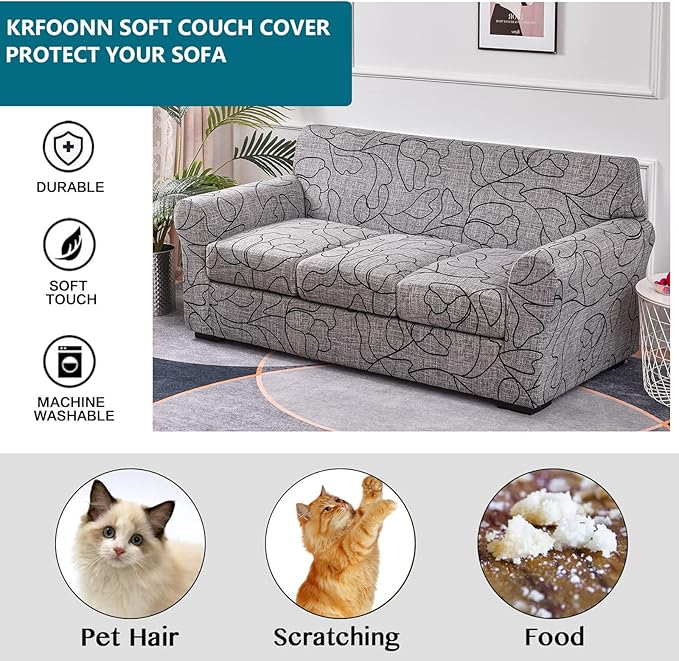 KRFOONN 4 Piece Stretch Sofa Couch Covers for 3 Cushion Couches Printed Sofa Slipcover with 3 Separate Seat Cushion Covers Washable Sofa Slip Covers Furniture Protector for Pets Kids (Large, 25)