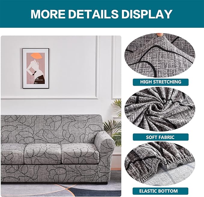 KRFOONN 4 Piece Stretch Sofa Couch Covers for 3 Cushion Couches Printed Sofa Slipcover with 3 Separate Seat Cushion Covers Washable Sofa Slip Covers Furniture Protector for Pets Kids (Large, 25)