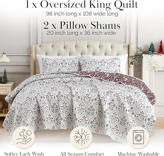 Southshore Fine Living, Inc. Red Christmas Quilt Set, King Size w/2 Pillow Shams, Reversible Christmas Bedding Set, Coverlet King Size w/Snowflakes, Reindeer, Holly - Vintage Red & Cream