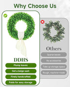 DDHS 24 Inch Large Boxwood Wreath for Front Door, Round Artificial Spring Summer Greenery Wreath with Hello Sign & Sash, Green Wreaths for Farmhouse Wedding Year Round Indoor Outdoor Home Decor