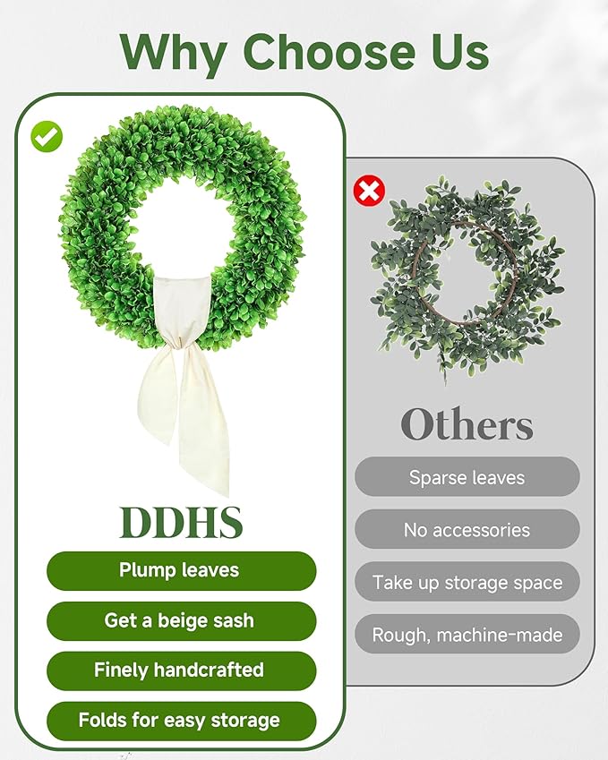 DDHS 24 Inch Large Boxwood Wreath for Front Door, Round Artificial Spring Summer Greenery Wreath with Hello Sign & Sash, Green Wreaths for Farmhouse Wedding Year Round Indoor Outdoor Home Decor