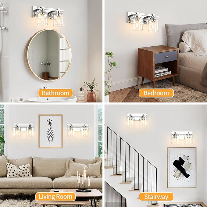 2 Light Modern Bathroom Light Fixtures Over Mirror, Chrome Vanity Lights for Bathroom Wall Sconces with Clear Glass Shades, E26 Socket (Bulbs Not Included)