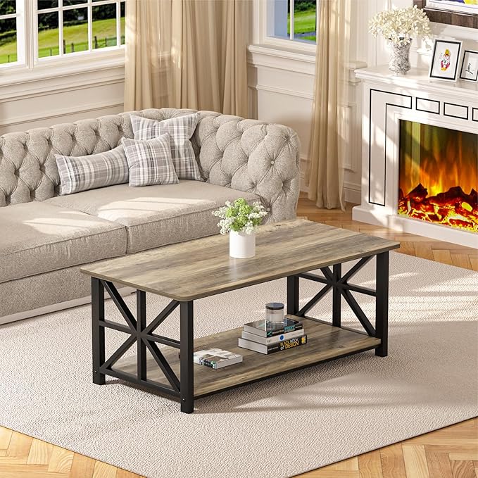 GreenForest Coffee Table for Living Room with Round Corners Farmhouse Style Center Table with Storage Shelf 39 Inch Space Saving Easy Assembly Gray Wash | for Living Room, Farmhouse Style, Space Saving, Easy Assembly