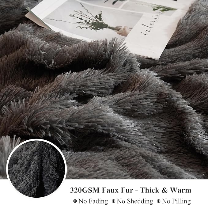 XeGe Plush Shaggy Duvet Cover Set, Luxury Ultra Soft Crystal Velvet Fluffy Bedding Sets 3 Pieces(1 Furry Faux Fur Comforter Cover + 2 Fuzzy Faux Fur Pillowcases), Zipper Closure(Queen, Dark Gray)