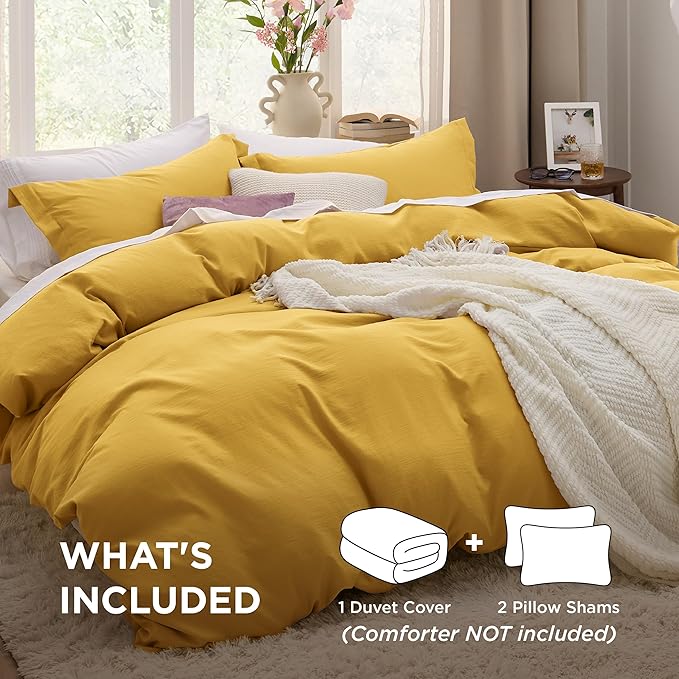 Bedsure Mustard Yellow Duvet Cover Queen Size - 3 Pieces Prewashed Extra Soft Bedding Set, Includes 1 Duvet Cover 90x90 Inches with Zipper Closure & 2 Pillow Shams, Comforter Not Included