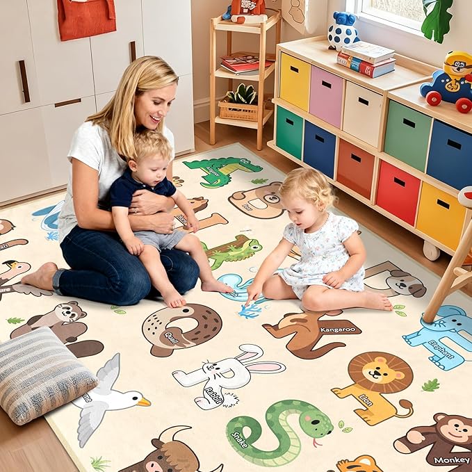 Kids Rugs for Playroom - 5x7 Feet Alphabet Rug for Classroom Educational Learning Animals, Preschool Rug Toddler Children Bedroom Nursery Kindergarten Decor, Beige