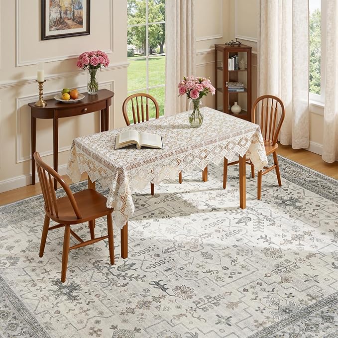 Lessymo 8x10 Area Rugs for Bedroom, Large Washable Rug for Living Room Dining Home Office, Soft Non-Slip Vintage Floral Neutral Carpet, Boho Neutral Farmhouse Decor, Taupe Grey