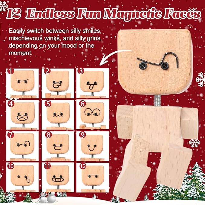Shaking Wooden Man Figurine,12PCS Magnetic Changeable Faces, Handmade Shaking Feet Wooden Doll for Car Dashboard Decorations,Funny & Creative Christmas Desktop Office Desk Decor (A)