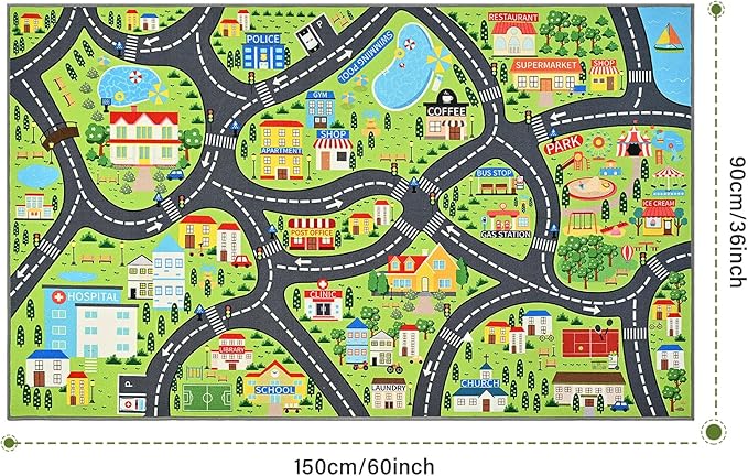 Community Helpers Play Rug – Educational Kids Carpets with Fire Station, School, Park & More for Learning and Play, Car Rug for Playroom Classroom Bedroom Nursery, 60"x36"