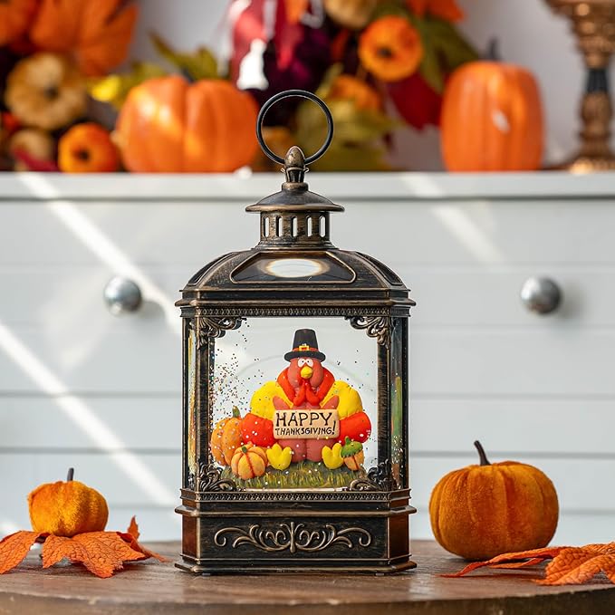 Fall Snow Globe Lantern -Thanksgiving Turkey with Pumpkins Spinning Water Lantern with Swirling Glitter Fall Decorations for Home, Thanksgiving, Autumn Harvest Fall Decor