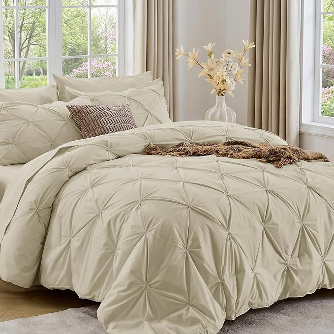 Sasttie Queen Comforter Set, 7-Piece Bed in a Bag, Pintuck Bedding Sets for All Season, Includes Comforter, Flat Sheet, Fitted Sheet, Pillowcases and Pillowshams, Linen