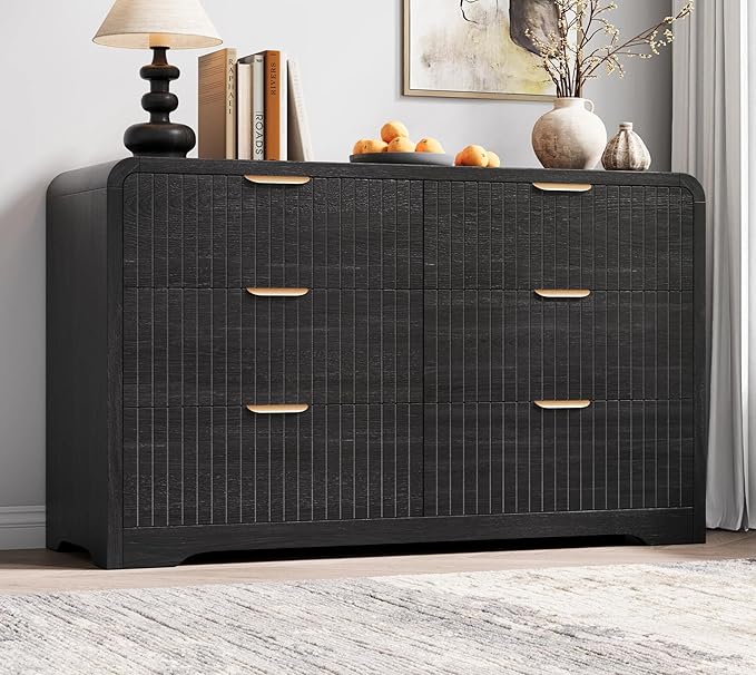 Modern 6 Drawer Dresser for Bedroom, 47" Wide Wood Dressers & Chests of Drawers Curved Profile Design, Mid Century Modern Fluted Dresser for Bedroom, Black Dresser