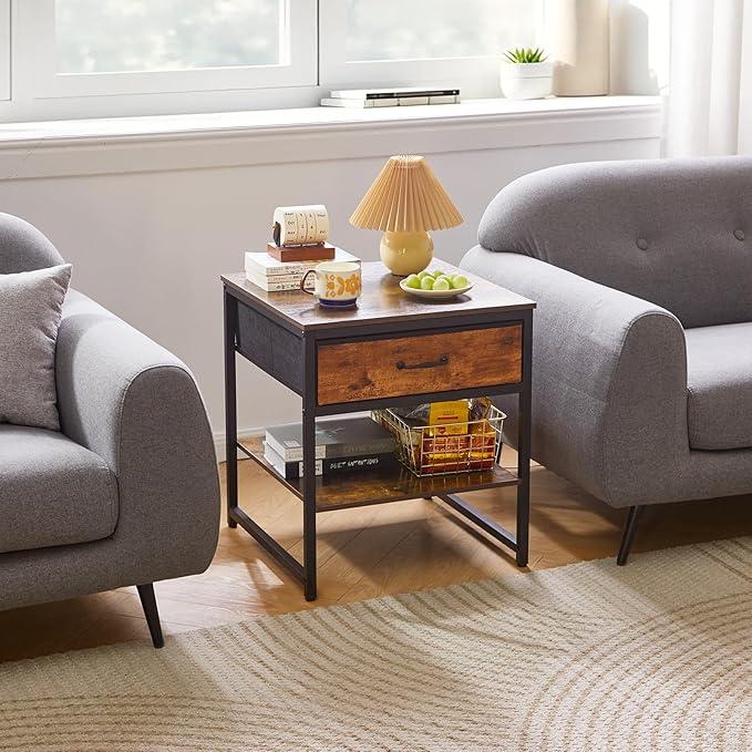 Small Table Stand with Drawers, Multi-Functional Side & Printer Accent Table with Storage Shelf, Rustic Brown YD-TM156H