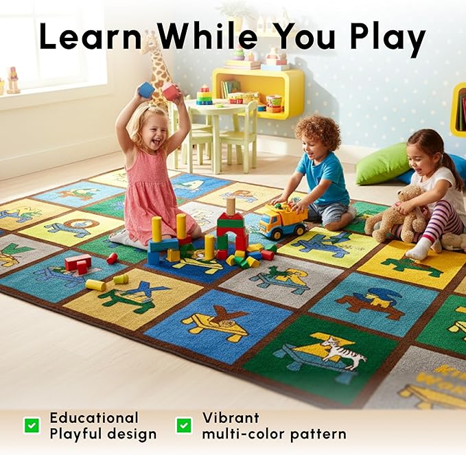 SAFECASTLE My ABC Place Earth Tone Alphabet Rug for Kids, 6'6" x 8'4", Educational Classroom Kids Carpet with Letters & Animals, Preschool Learning Area Rug for Daycare, Homeschool & Playroom