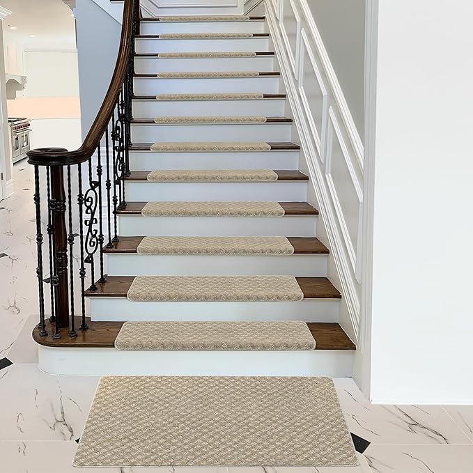 PURE ERA Bullnose Carpet Stair Treads Tape Free Non-Slip Indoor Stair Protectors Pet Friendly Stair Treads for Wooden Steps 9.5" x 30"(7 Pieces,Cream Gray Mini-Diamond Trellis)