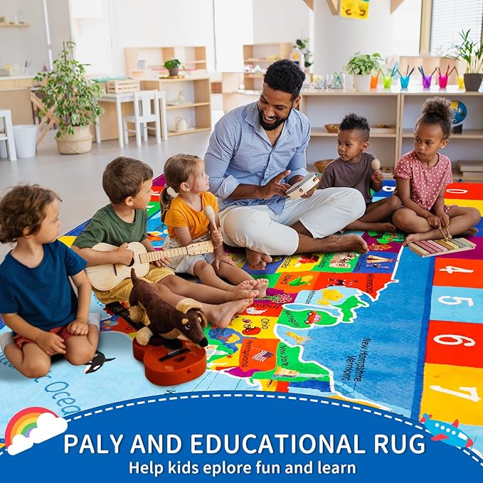 USA Map ABC Kid Rug 118" × 78.7" for Playroom Geography Extra Large Classroom Rug Educational Baby Playmat Alphabet Carpet for Primary School Fluffy Non-Slip Preschool Carpet Nursery Room