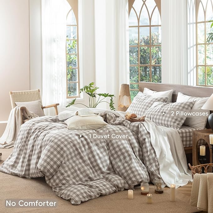 MooMee Gingham Duvet Cover Set 100% Washed Cotton Linen Like Textured Breathable Durable Soft Comfy Modern Checkered Design (Buffalo Plaid Tannish Linen Grey, Cal King 104"x98")