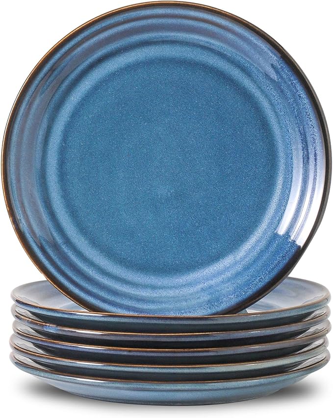 HASENSE Salad Dessert Plates, 8 Inch Ceramic Dinner Plate Set of 6, Small Round Serving Dishes for Appetizer, Fruit, Cake, Snack, Blue Reactive Glaze Kitchen Gift, Microwave Dishwasher Safe