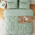 CozyLux Queen Comforter Set Sage Green, 7 Pieces Pintuck Bed in A Bag, Premium Green Comforter Queen Size, Pinch Pleat Bedding Sets with Comforter, Sheets, Pillowcases & Shams