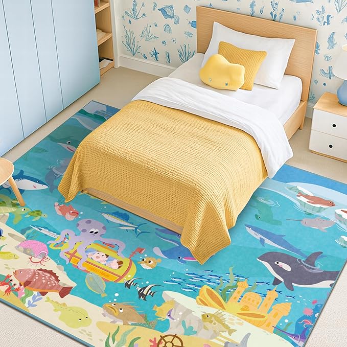 Large Blue Ocean Rug for Kids Room – 8x10 Play Mat with Mermaid & Fish, Washable Non Slip Fun Crawling Carpet for Classroom Elementory, Playroom or Beach Rugs for Bedroom