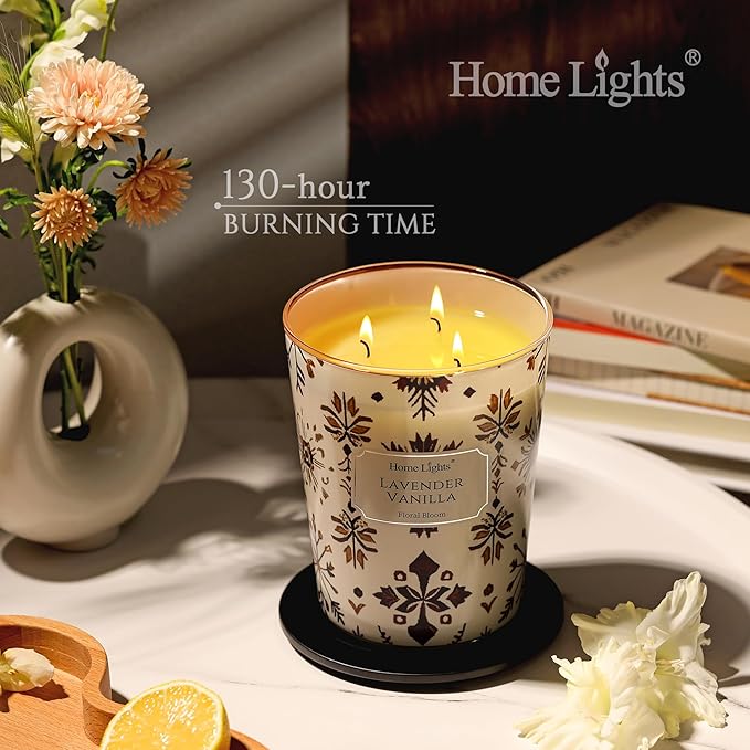 HomeLights Scented Candles | Large Jar 34 Oz Natural Soy Candle | 130 hrs Long-Lasting with 3 Wicks | Bohemian Natural for Home Decor | Gifts for Mom & Women, Lavender Vanilla