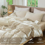 MooMee Striped Duvet Cover Set 100% Washed Cotton Linen Like Textured Breathable Durable Soft Comfy (Almond Milk Grey White Wide Stripes, Super King Plus 120"x120")