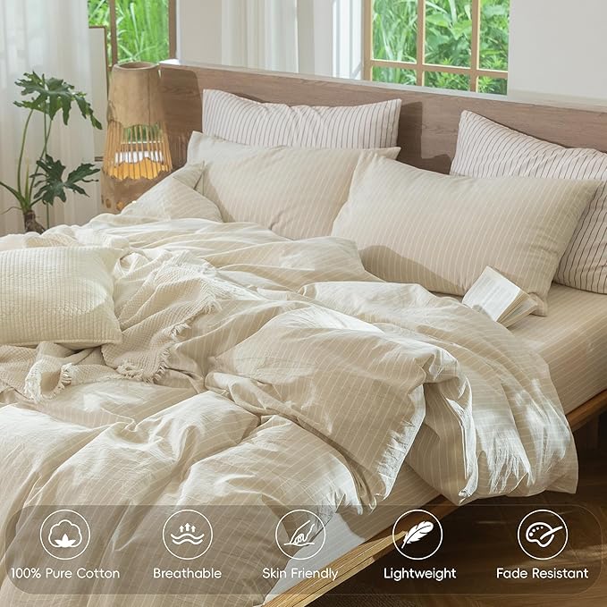 MooMee Striped Duvet Cover Set 100% Washed Cotton Linen Like Textured Breathable Durable Soft Comfy (Almond Milk Grey White Wide Stripes, Alaska King 132"x120")