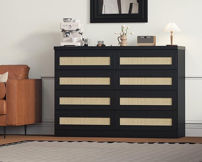 47 Inch Rattan 8 Drawer Dresser, Modern Farmhouse Chest of Drawers, Tv Stand Dresser Accent Furniture for Living Room, Bedroom, Entryway