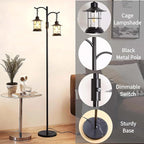 Industrial,Vintage Dimmable Floor Lamp,2 Classical Lanterns Standing Lamp, Rustic Farmhouse Floor Lamp with Black Finish