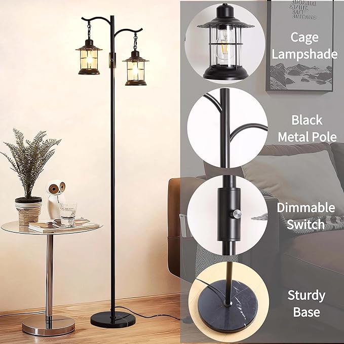 Industrial,Vintage Dimmable Floor Lamp,2 Classical Lanterns Standing Lamp, Rustic Farmhouse Floor Lamp with Black Finish