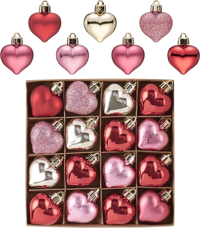 Valery Madelyn Romantic Heart Shaped Ornaments- Valentine's Day Decor Gift Set of 16 Red Pink Gold Shatterproof Hanging Tree Baubles for Christmas, Wedding, Anniversary, Party & Home Decor