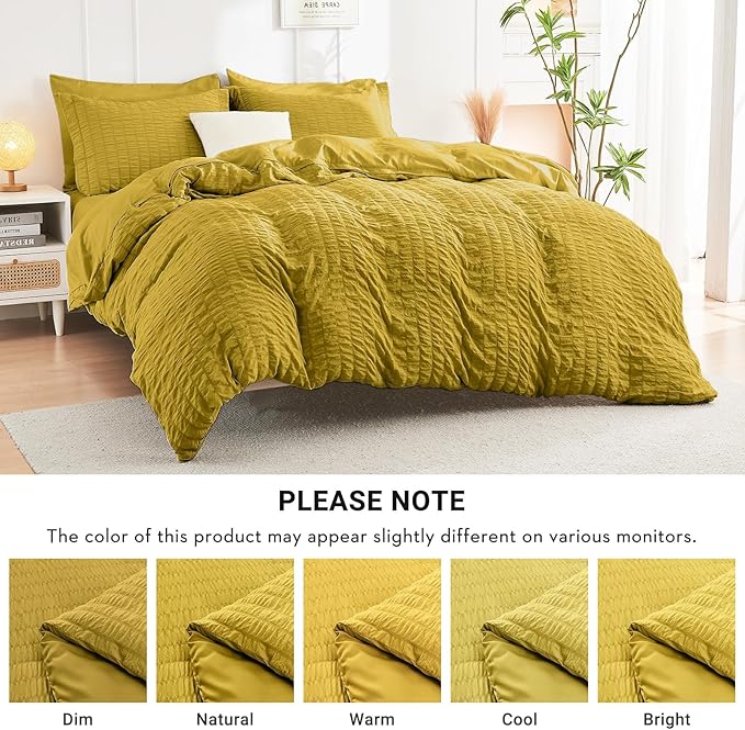 HYMOKEGE Mustard Yellow California King Comforter Set Seersucker 7 Pieces, All Season Luxury Bed in a Bag for Bedroom, Bedding Set with Comforter, Sheets, Pillowcases & Shams