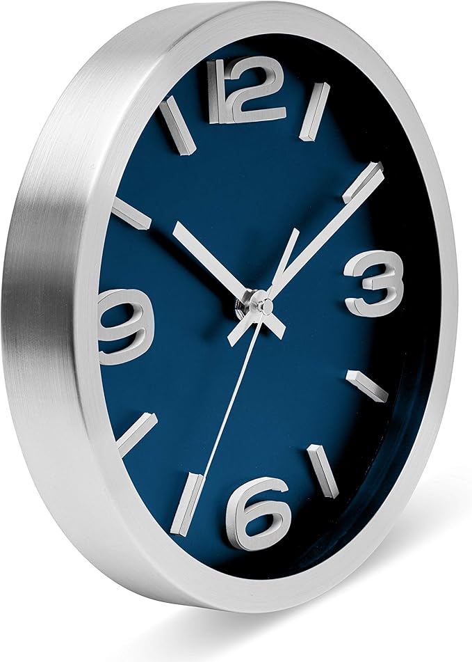 Bernhard Products Wall Clock 10 Inch Modern Silver Round Elegant Metal Quality Quartz, Silent Non Ticking Battery Operated Home Office Clock with 3D Numbers (Silver & Prussian Blue)