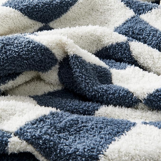 CozeCube Super Soft Fullfy Microfiber Reversible Knitted Blankets, Warm Cozy Fuzzy Plush Throw, Checkered Throw Blanket for Couch Bed Sofa, Dusty Blue and White, 60" x 80"