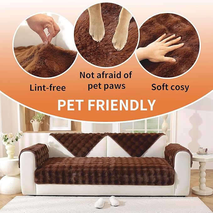 Waterproof Dog Bed Cover Non Slip Couch Covers for Dogs Washable Soft Faux Fur Sofa Cover Couch Covers for 3 Cushion Couch Sofa Pet Friendly (Brown)