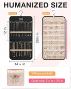 BAGSMART Hanging Jewelry Organizer Storage Roll with Hanger Metal Hooks Double-Sided Jewelry Holder for Earrings, Necklaces, Rings on Closet, Wall, Door, 1 piece, Medium, Black