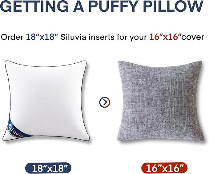 Siluvia 18"x18" Pillow Inserts Set of 2 Decorative Square Throw 18" Pillows with 100% Cotton Cover for Sofa, Couch, and Bed - White