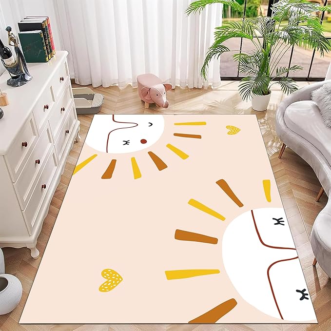 Children's Rug Living Room Plush Area Rugs Educational Rugs Soft Washable Non-Slip Rugs Simple Cute Sun and Love Prints Kids Room Nursery Decor Pink Rugs 4x6ft