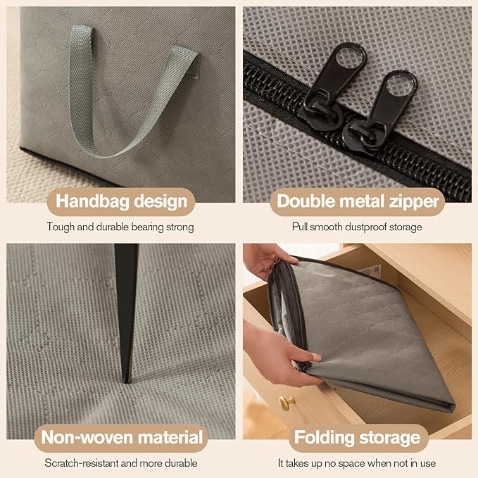 Large Storage Bags,Clothes Storage Bins Foldable Closet Organizers Storage Containers with Durable Handles Thick Fabric for Blanket Comforter Clothing Bedding (grey, 60L (3Pick)