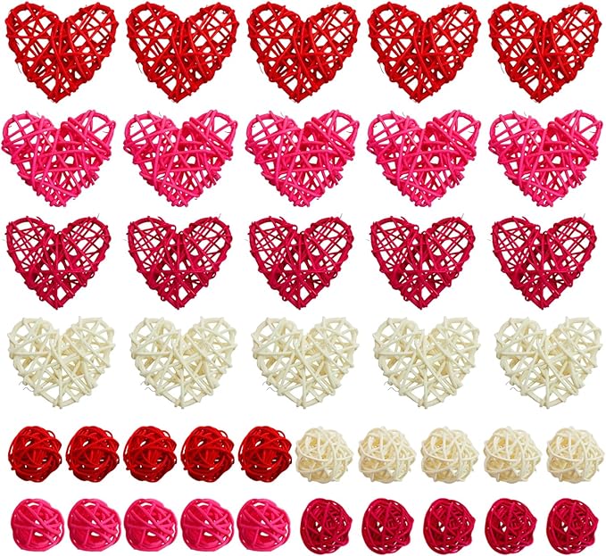 40Pcs Natural Rattan Hanging Ornaments Valentine Heart Round Wicker Balls for Valentine's Day, Christmas Wedding Baby Shower DIY Craft Vase Fillers for Home Party Decor