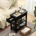 Narrow End Table with Charging Station - Farmhouse Slim Side Table Set of 2, w/USB Ports Power Outlets, Nightstand w/Flip Top Storage Drawer, for Small Spaces Living Room Bedroom, Black