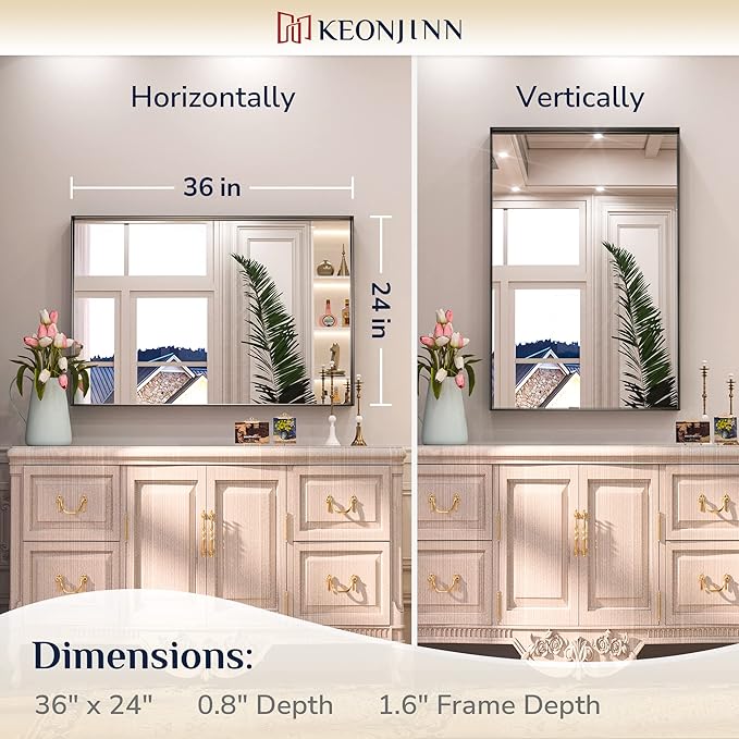 Keonjinn Black Bathroom Mirror 24 x 36 Inch, Rectangular Wall Mirror Brushed Metal Frame, Black Modern Farmhouse Mirrors, Framed Rectangle Bathroom Mirrors for Over Sink(Horizontal/Vertical)