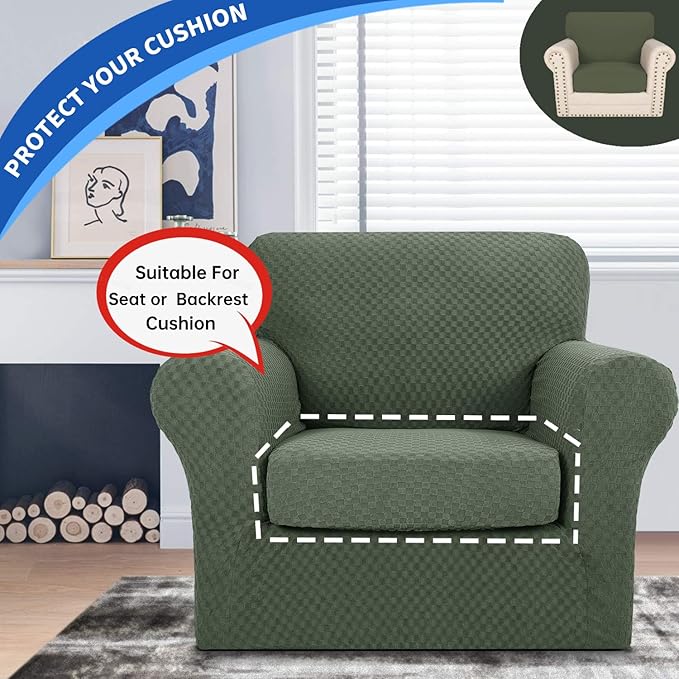 YEMYHOM Stretch Individual Cushion Covers Sofa Chair Seat Cushion Slipcovers Soft Couch Cover Replacement Large Checkered Furniture Protector with Elastic Bottom (1 Pc Cushion Cover, Army Green)