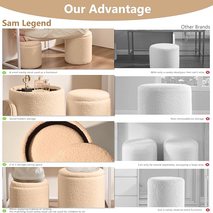 Sam Legend Round Boucle Ottoman with Storage Set of 2,Upholstered Vanity Stool Foot Rest with Removable Lid White Cylinder Stool Sitting Room Ottoman for Living Room Pouf Footstool,Gifts Beige