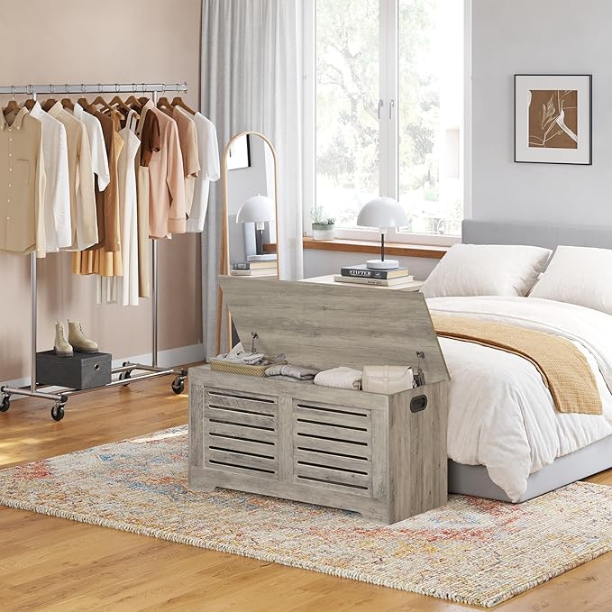 DINZI LVJ Storage Chest, Flip-Top Wooden Toy Box with 2 Safety Hinges, Entryway Shoe Storage Bench, Good Ventilation, Storage Trunk for Living Room, Bedroom, Easy Assembly, Gray Wash