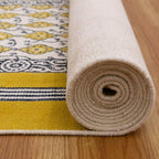 Flatweave Runner 2.6x8 Kilim Runner Floral Design Hand Block Printed Cotton Rug Yellow Beige Handmade Boho Dhurrie Thick 0.19" Indoor Outdoor Rugs for Hallway Enterway Kitchen | Holiday Season Decor