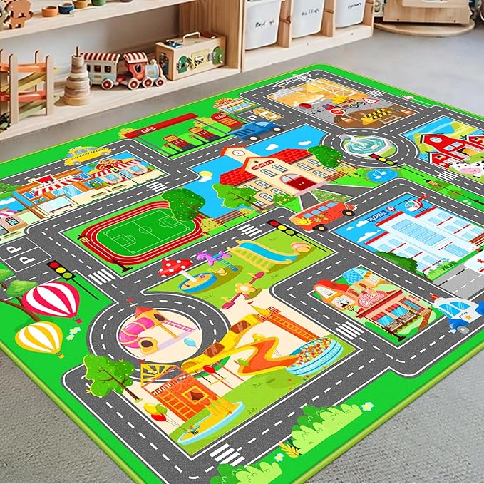 Kids Car Playmat, Kids Rug for Playroom Car Mat Town City Road Traffic Rugs, Play Mat for Floor, Extra Large Boys Kid Car Track Play Rug (Style SIX, 59X 39.4 INCH)