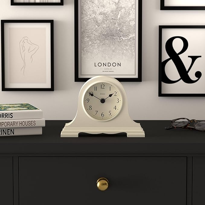JONES CLOCKS® Speakeasy Mantel Clock | Classic Napoleon’s hat Design | Pale Cream | Contemporary Classic Style for Desk, Table, Shelf or Bedside