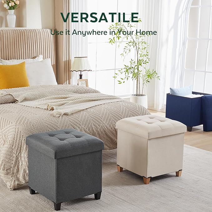 17.7" Ottoman with Storage, Square Storage Ottoman for Dorm, Linen Ottomans with Legs for Living Room, Bedroom, Beige